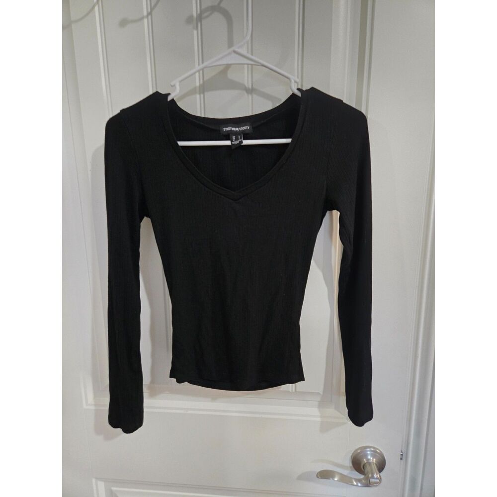 Streetwear Society Women’s Small Black Ribbed V-Neck Long Sleeve Fitted Top